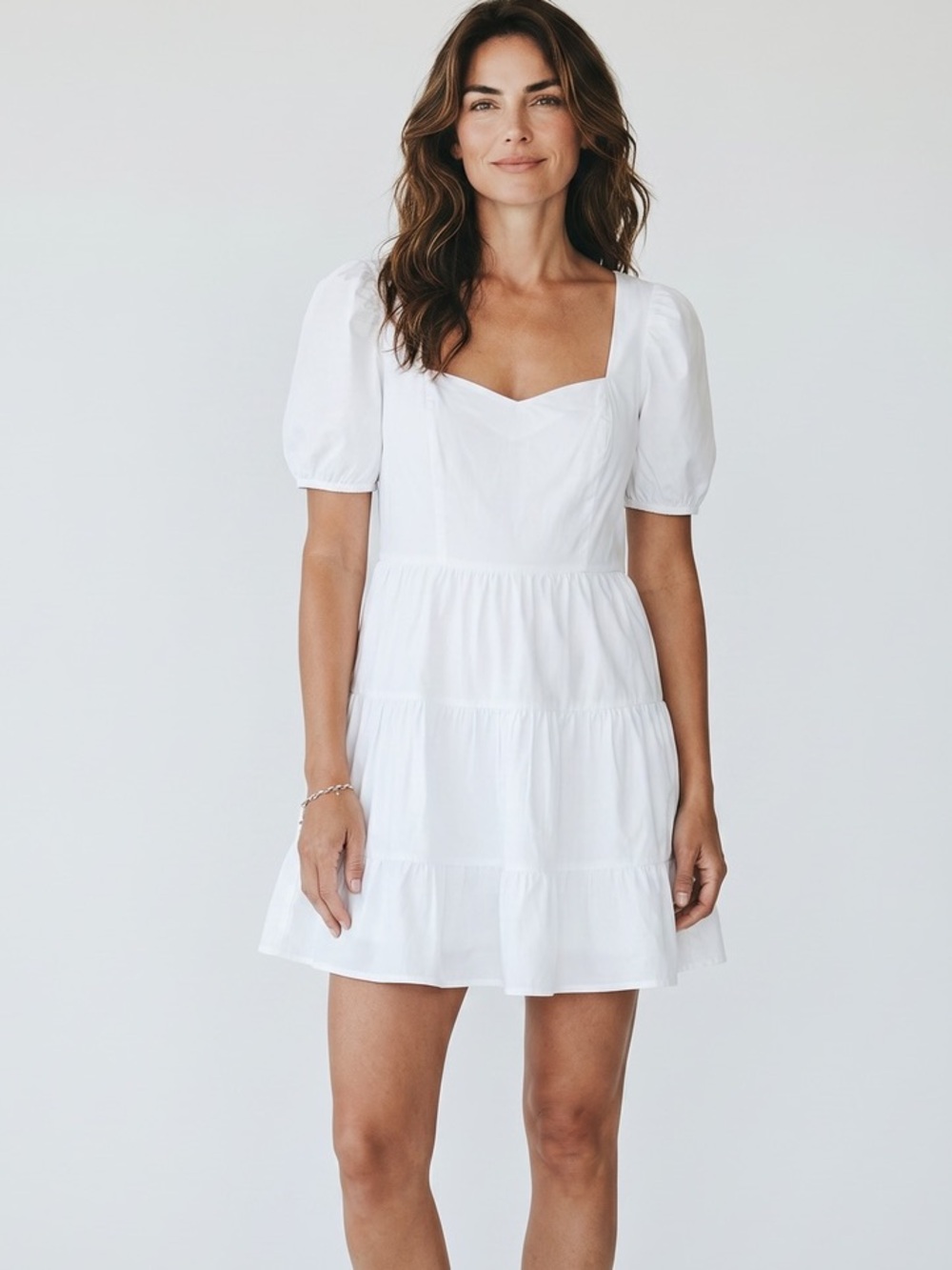 French Connection White Puff-Sleeve Tiered Size 8 Mini Dress